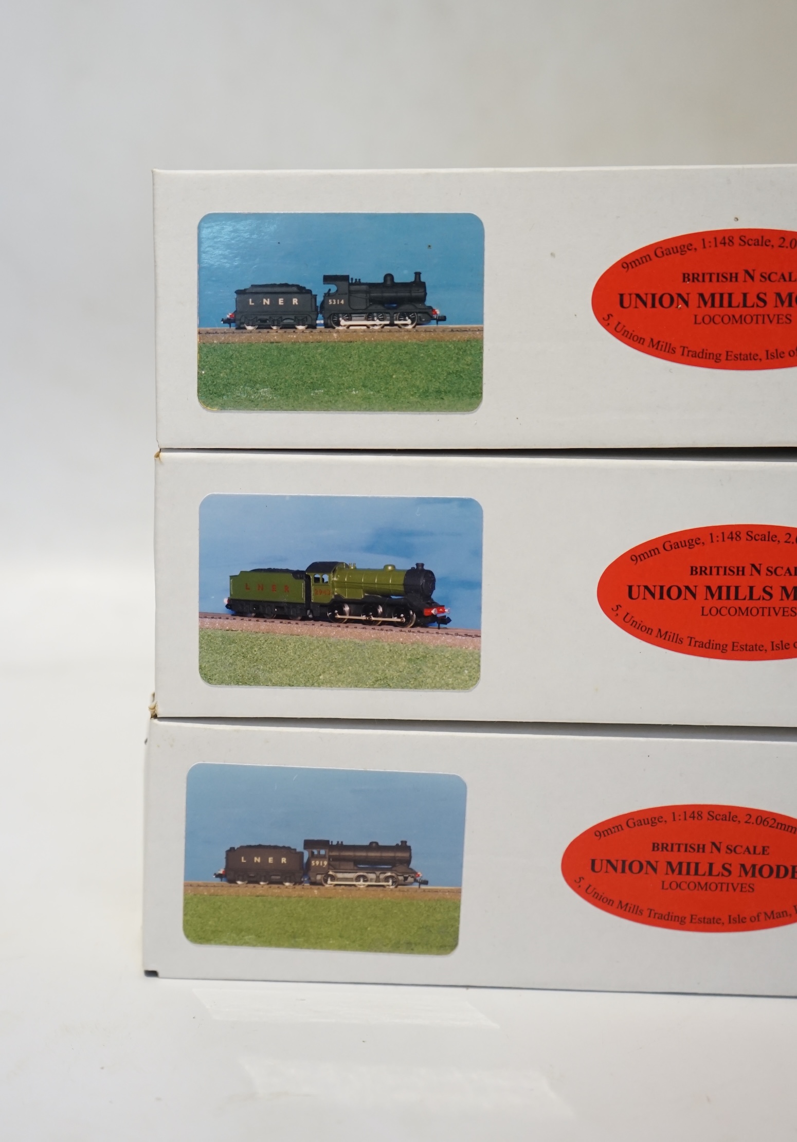 Three boxed Union Mills Models N gauge railway LNER locomotives; a Class J11, 4354, a Class J39, 2943, and a Class J38, 5919. Condition - good.